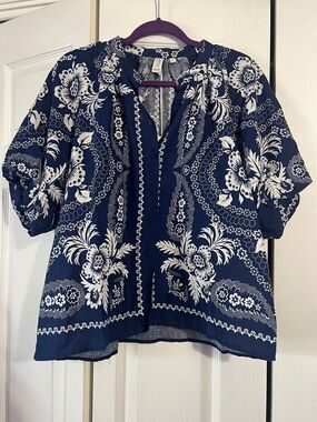 Joie Navy and White Floral Split-Neck Blouse